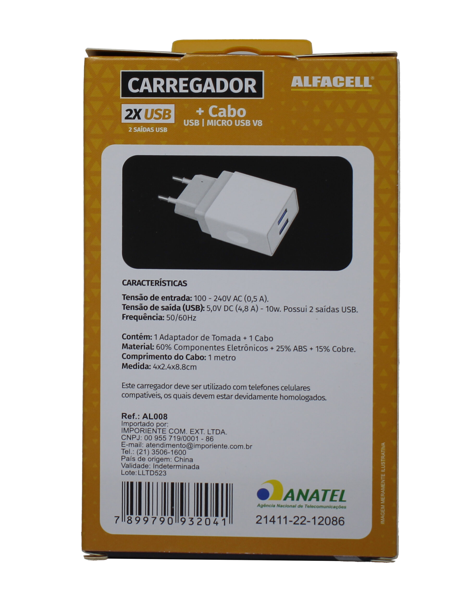 CARREGADOR E CABO USB – V8; TENSÃO DE ENTRADA: 100-240V; FREQUÊNCIA: 50/60HZ