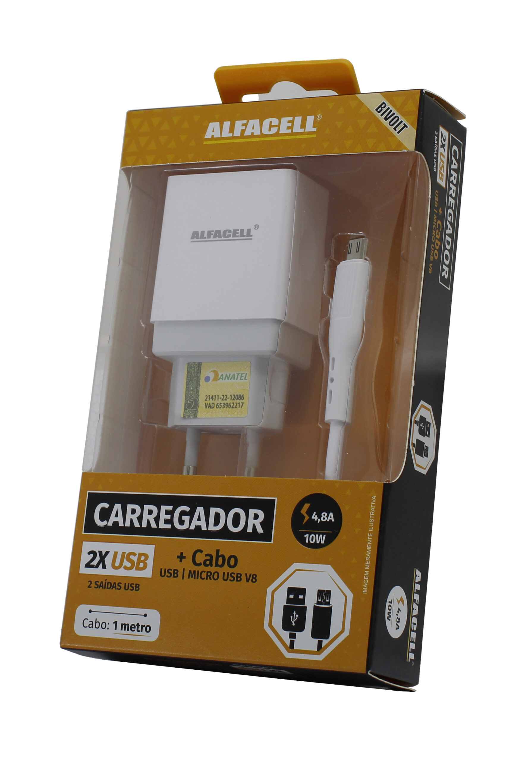 CARREGADOR E CABO USB – V8; TENSÃO DE ENTRADA: 100-240V; FREQUÊNCIA: 50/60HZ