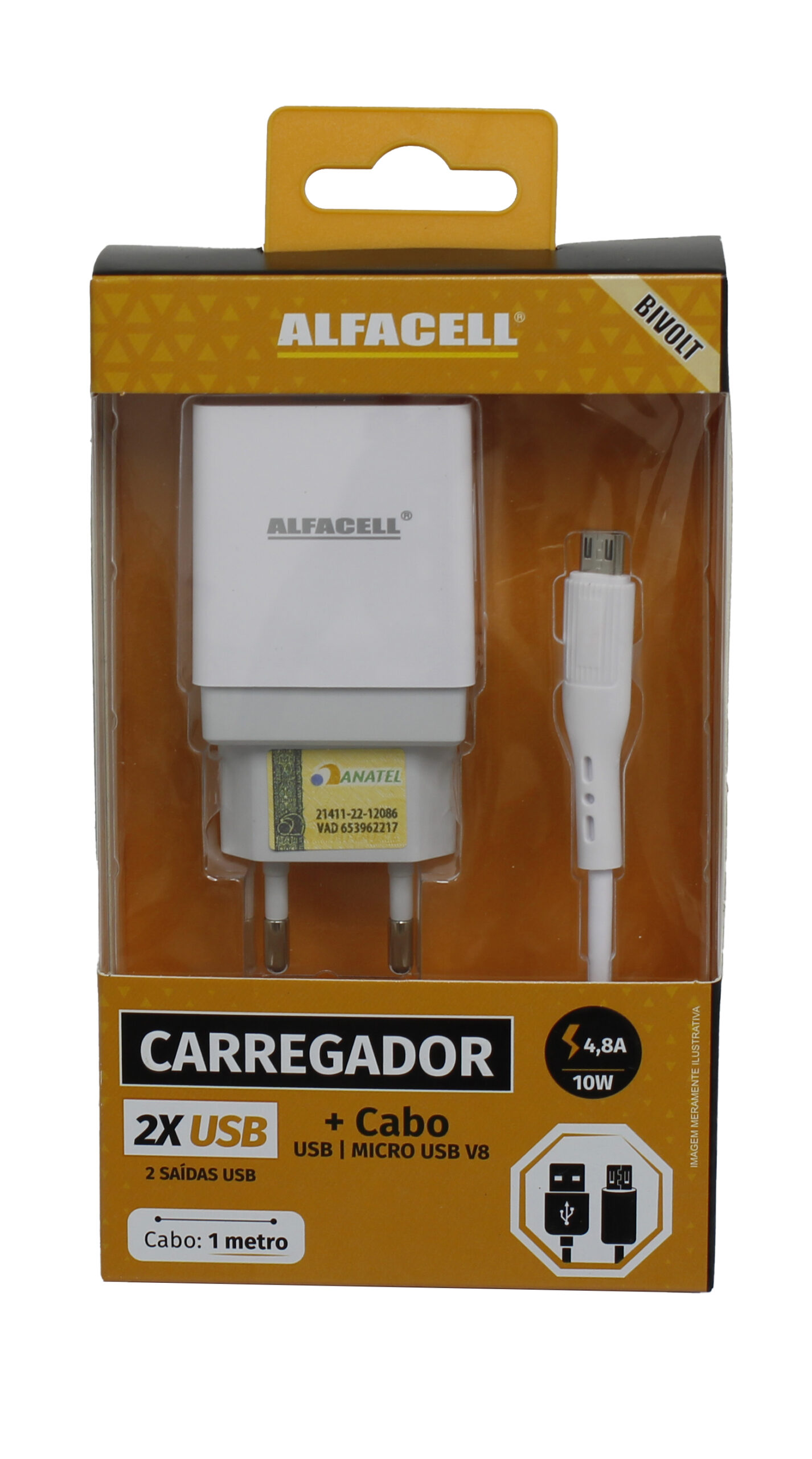 CARREGADOR E CABO USB – V8; TENSÃO DE ENTRADA: 100-240V; FREQUÊNCIA: 50/60HZ