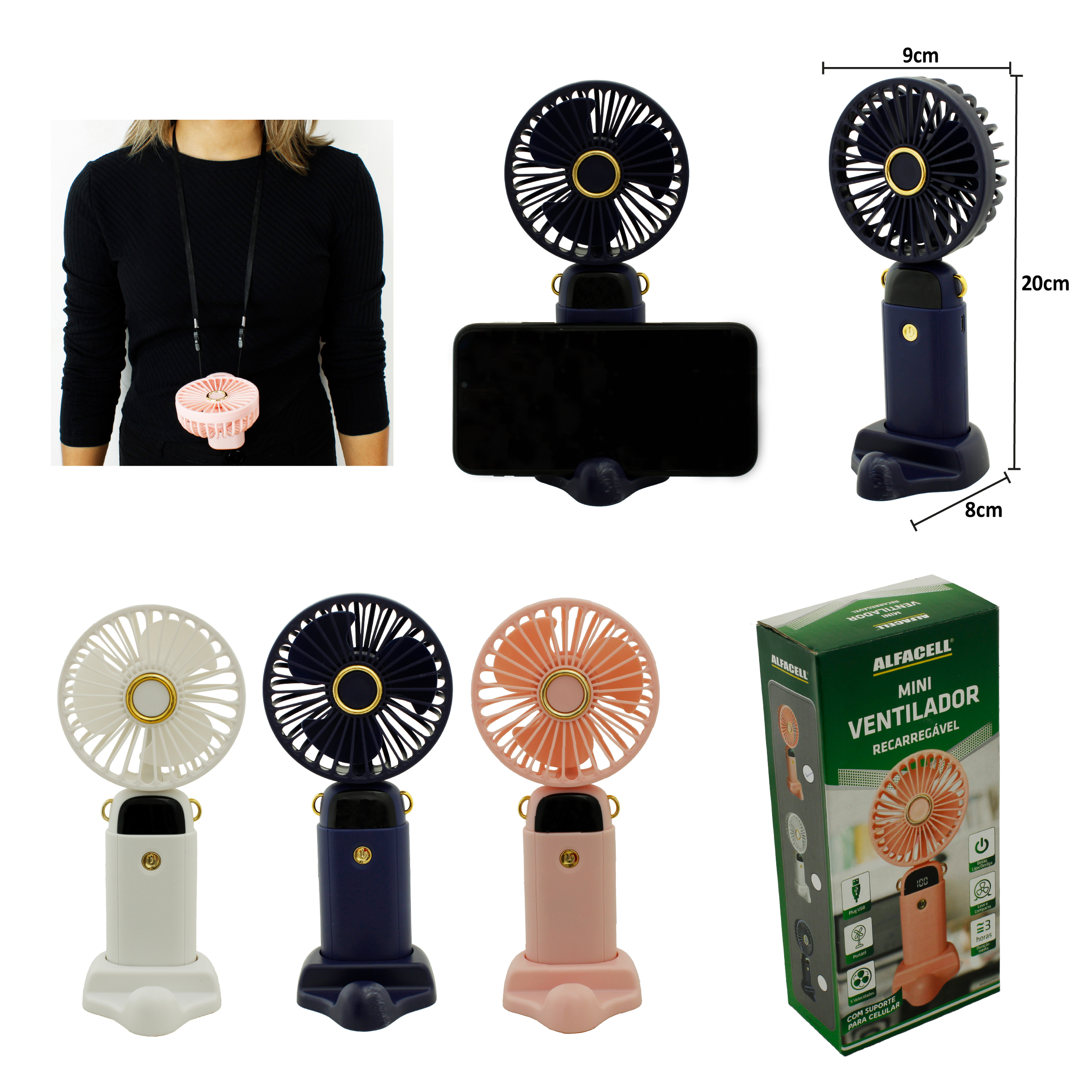 MINI VENTILADOR RECARREGÁVEL E PORTÁTIL, COM ALÇA, COM CABO USB (INCLUSO)