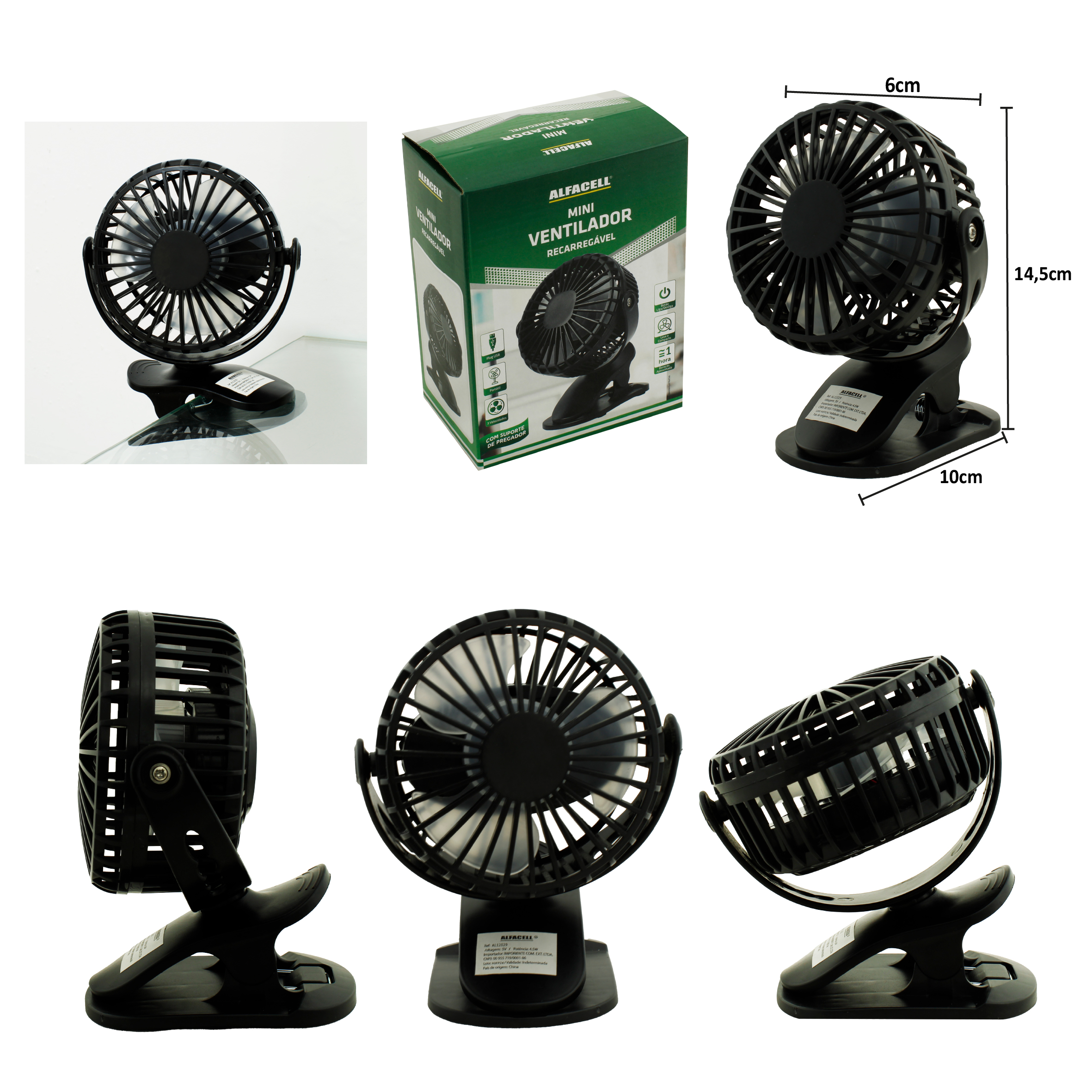 MINI VENTILADOR RECARREGÁVEL E PORTÁTIL, COM PREGADOR, COM CABO USB (INCLUSO)