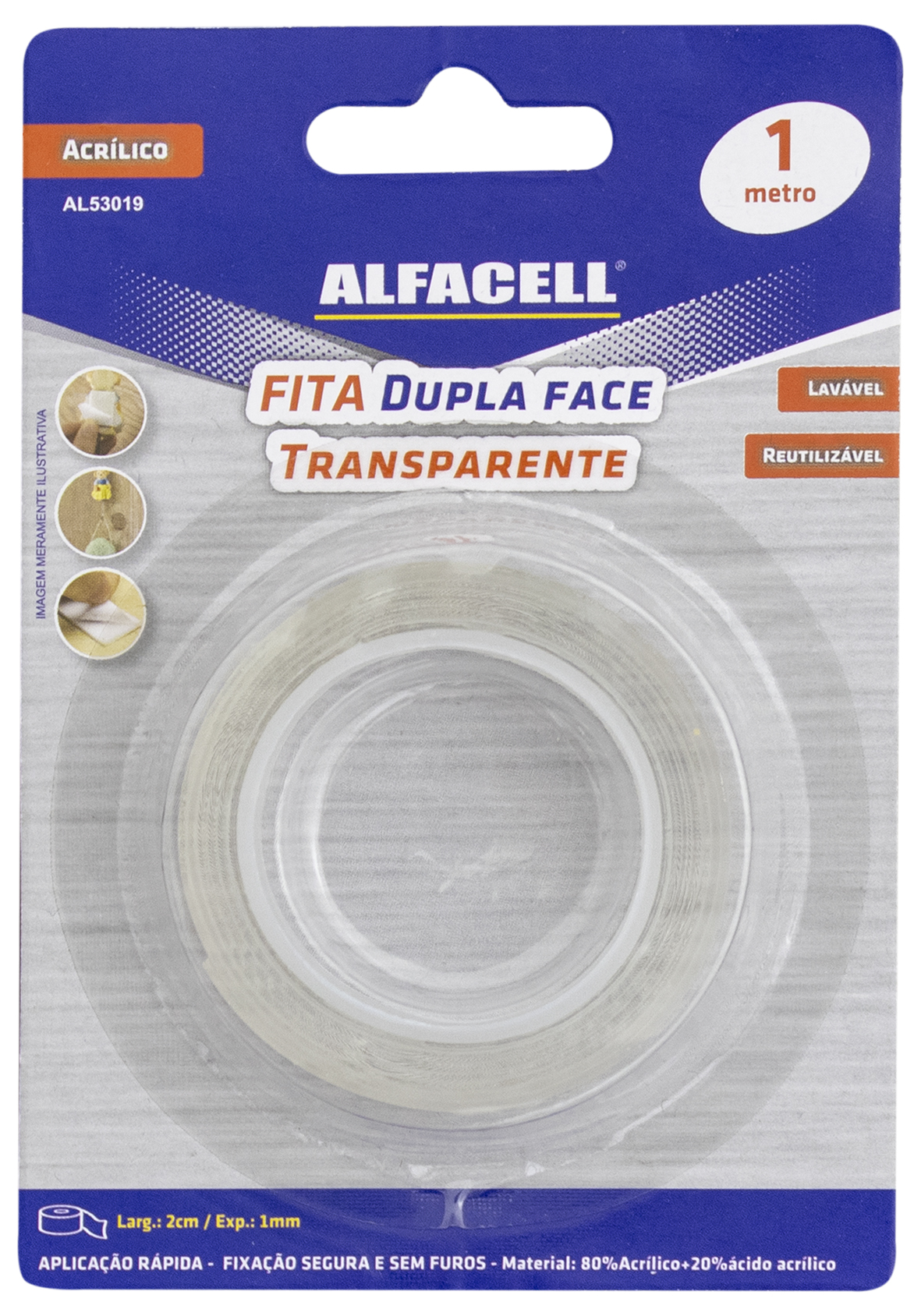 FITA DUPLA FACE TRANSPARENTE, LAVÁVEL E REUTILIZÁVEL 2CMX1M