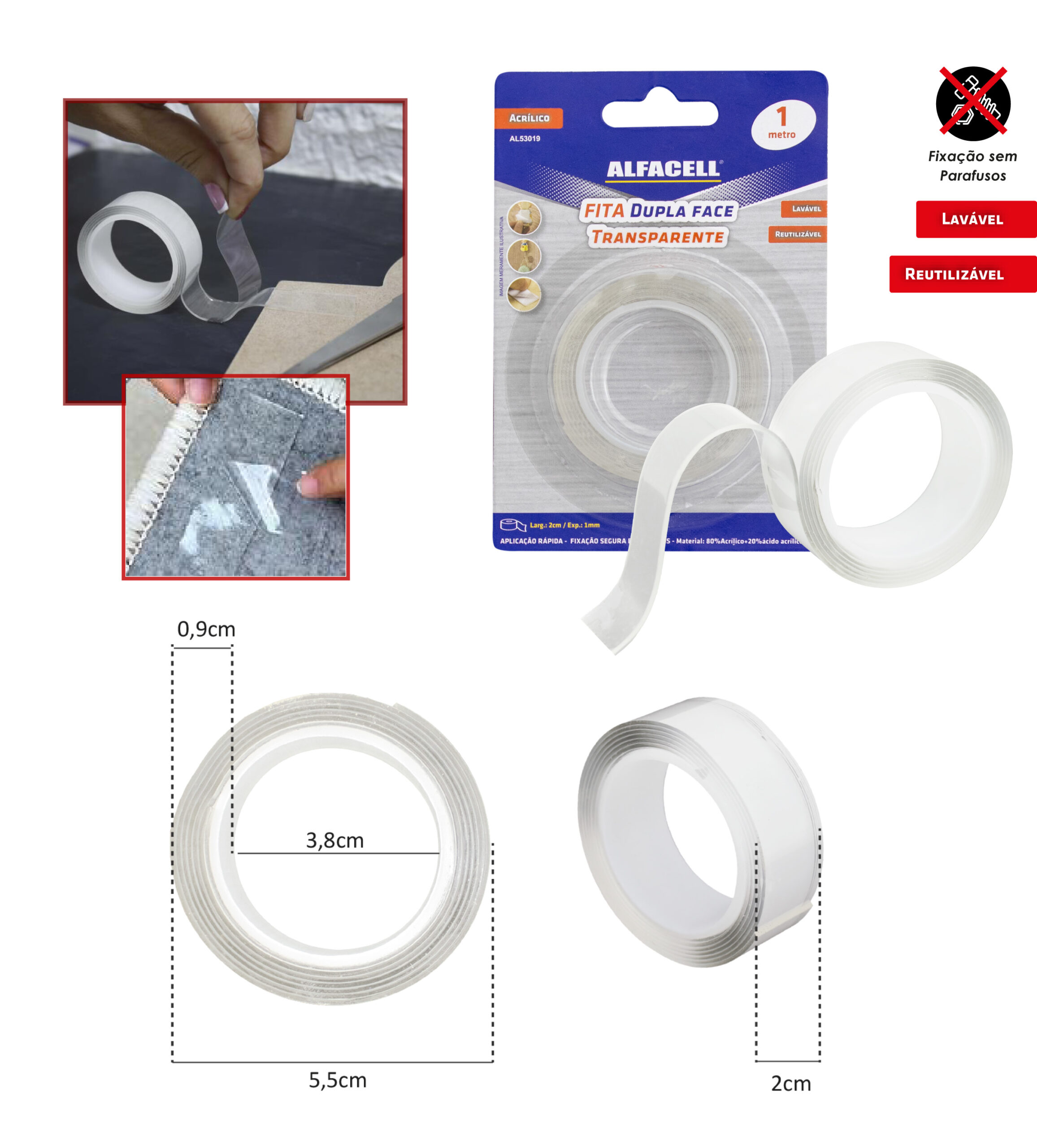 FITA DUPLA FACE TRANSPARENTE, LAVÁVEL E REUTILIZÁVEL 2CMX1M