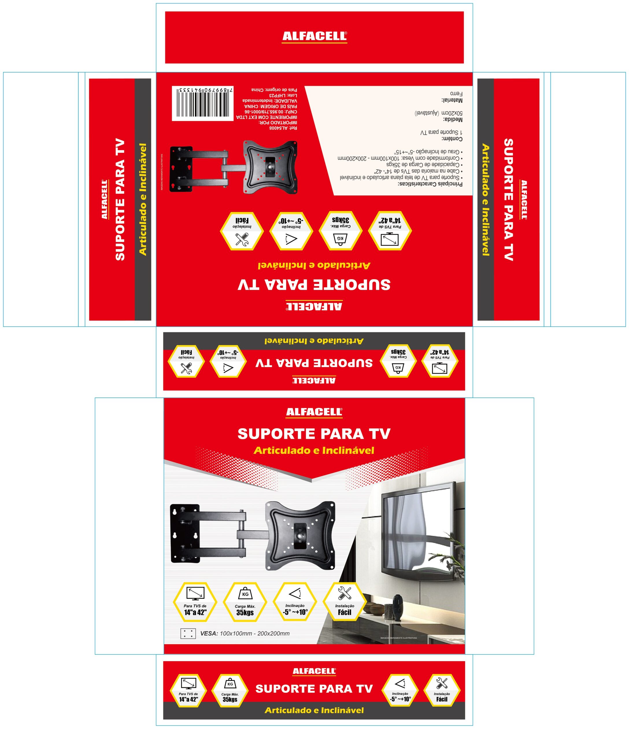 SUPORTE ARTICULADO E INCLINÁVEL PARA TV (PARA TVS DE 14” A 42”)