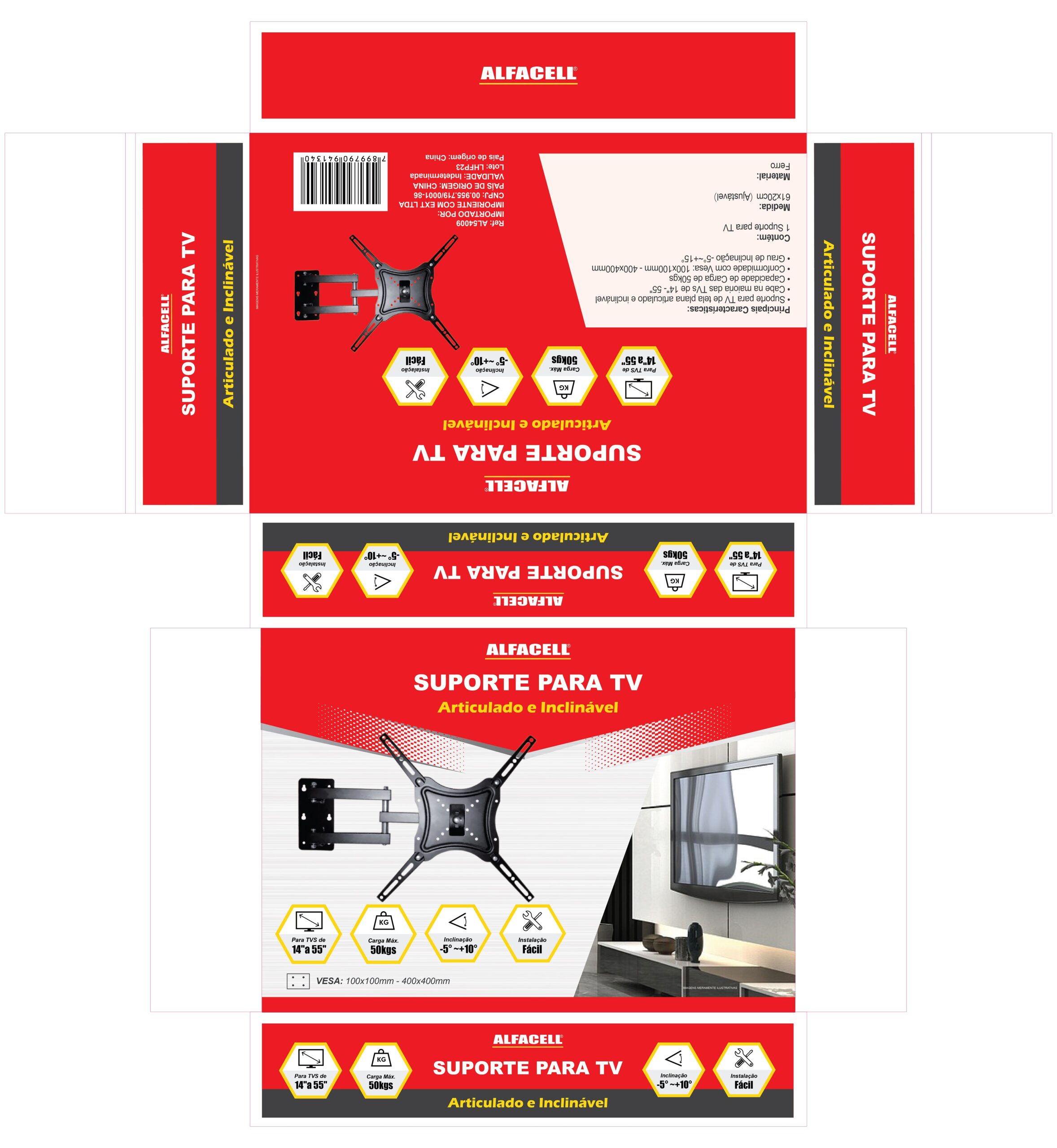 SUPORTE ARTICULADO E INCLINÁVEL PARA TV (PARA TVS DE 14” A 55”)