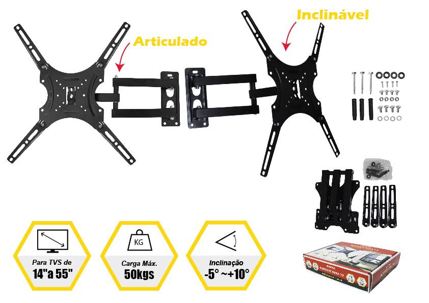SUPORTE ARTICULADO E INCLINÁVEL PARA TV (PARA TVS DE 14” A 55”)