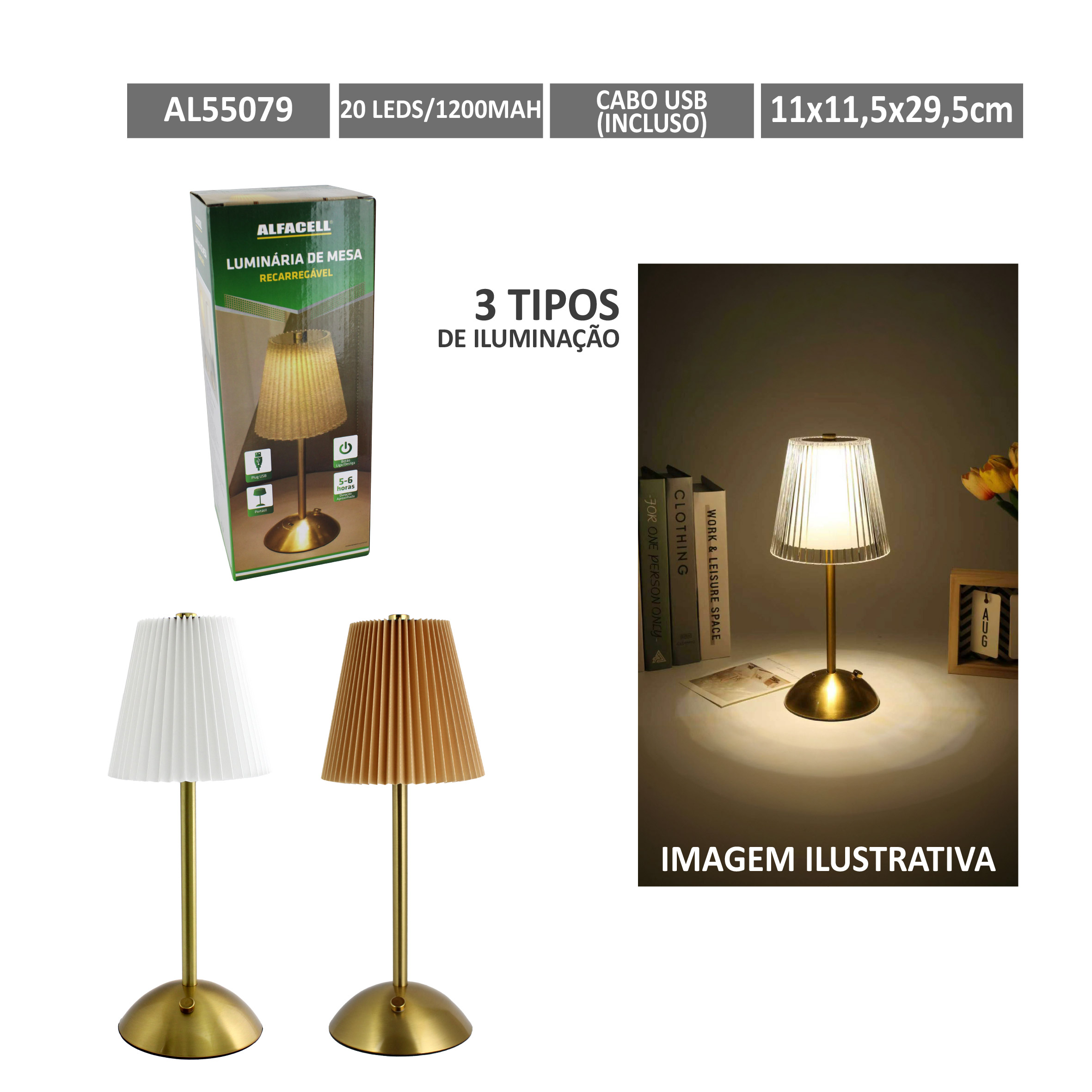 LUMINÁRIA DE MESA RECARREGÁVEL, 20 LEDS, 1200MAH