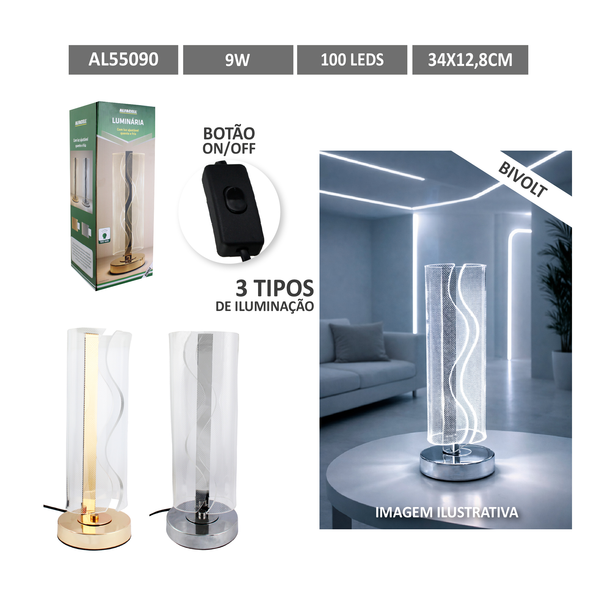 LUMINÁRIA DE MESA BIVOLT, 100 LEDS, POTÊNCIA DE 9W