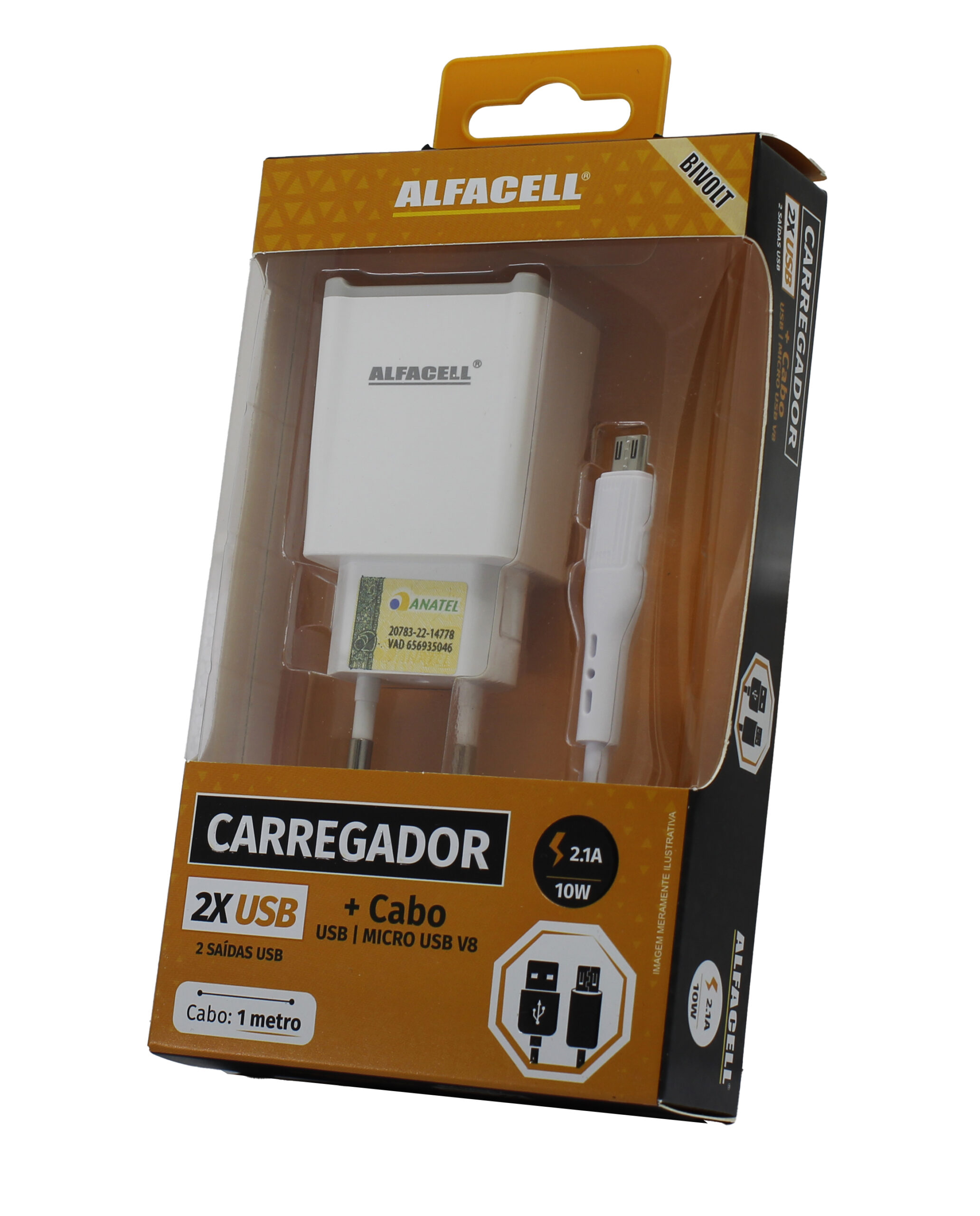 CARREGADOR E CABO USB – V8; TENSÃO DE ENTRADA: 100-240V; FREQUÊNCIA: 50/60HZ