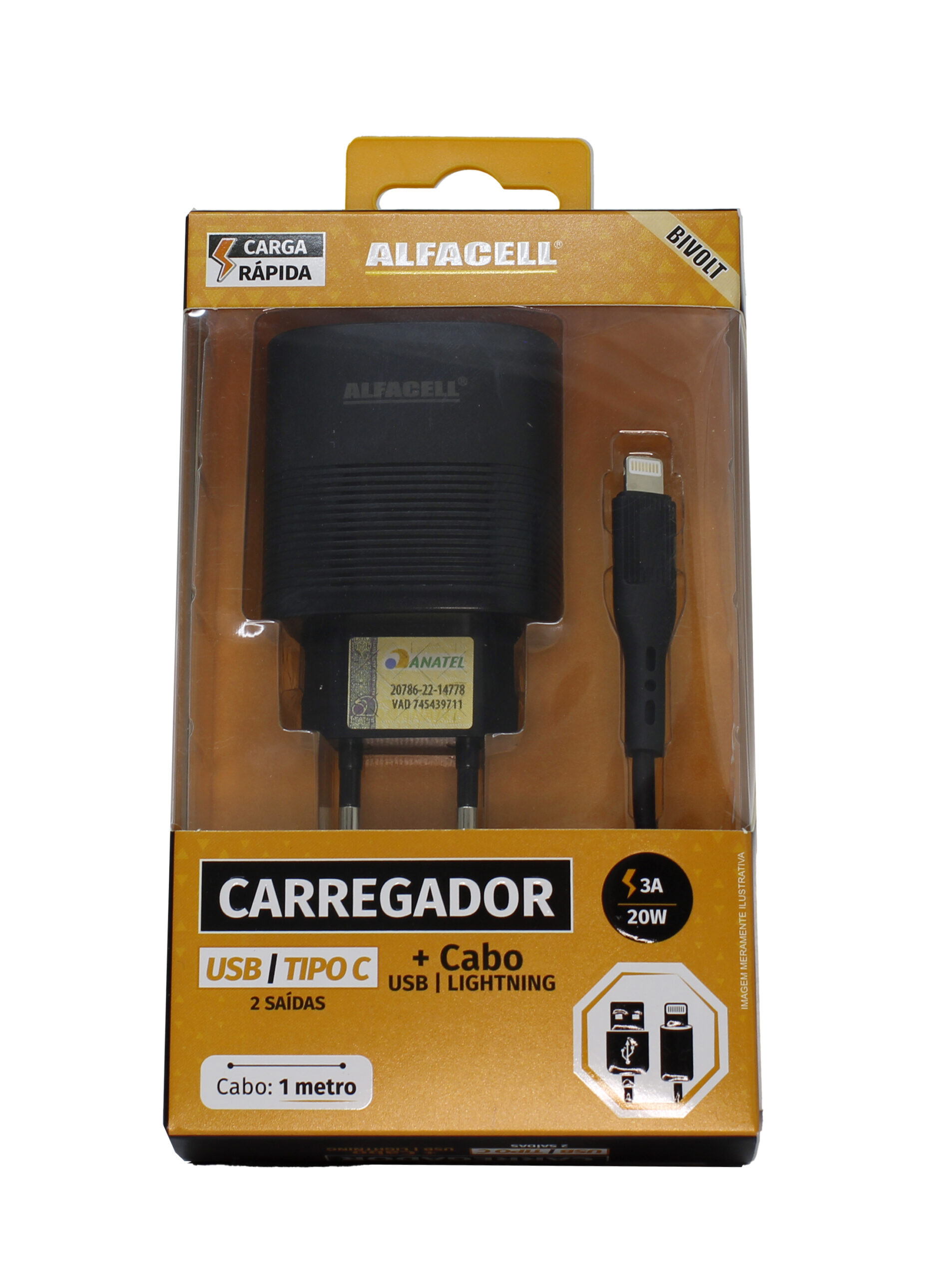 CARREGADOR E CABO USB – LIGHTNING; TENSÃO DE ENTRADA: 100-240V; FREQUÊNCIA: 50/60HZ