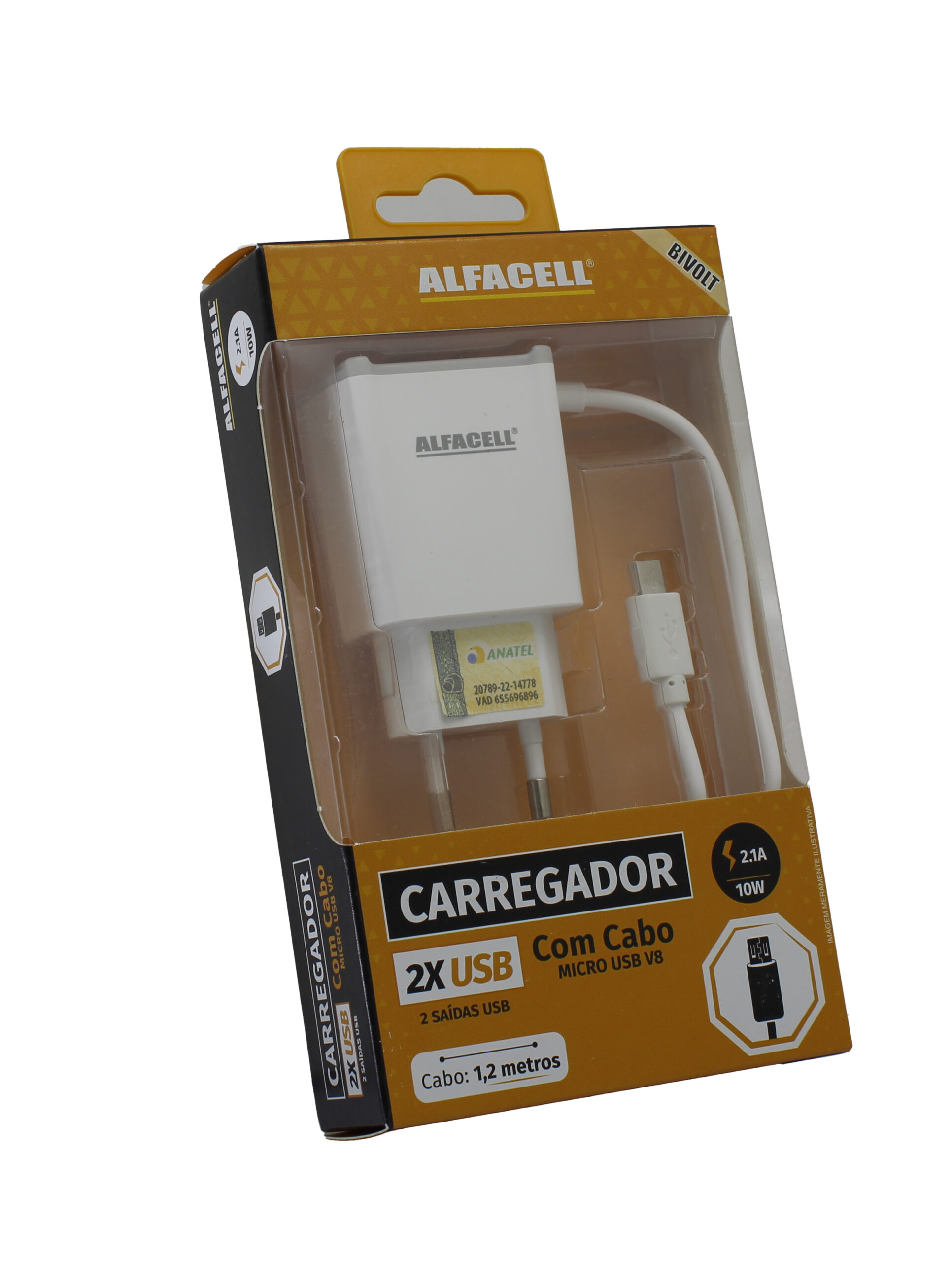 CARREGADOR COM CABO USB – V8; TENSÃO DE ENTRADA: 100-240V; FREQUÊNCIA: 50/60HZ