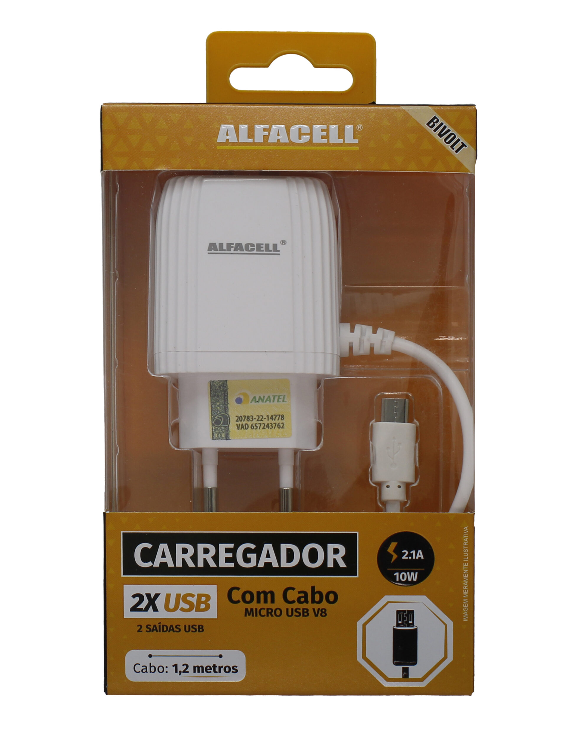 CARREGADOR COM CABO USB – V8; TENSÃO DE ENTRADA: 100-240V; FREQUÊNCIA: 50/60HZ