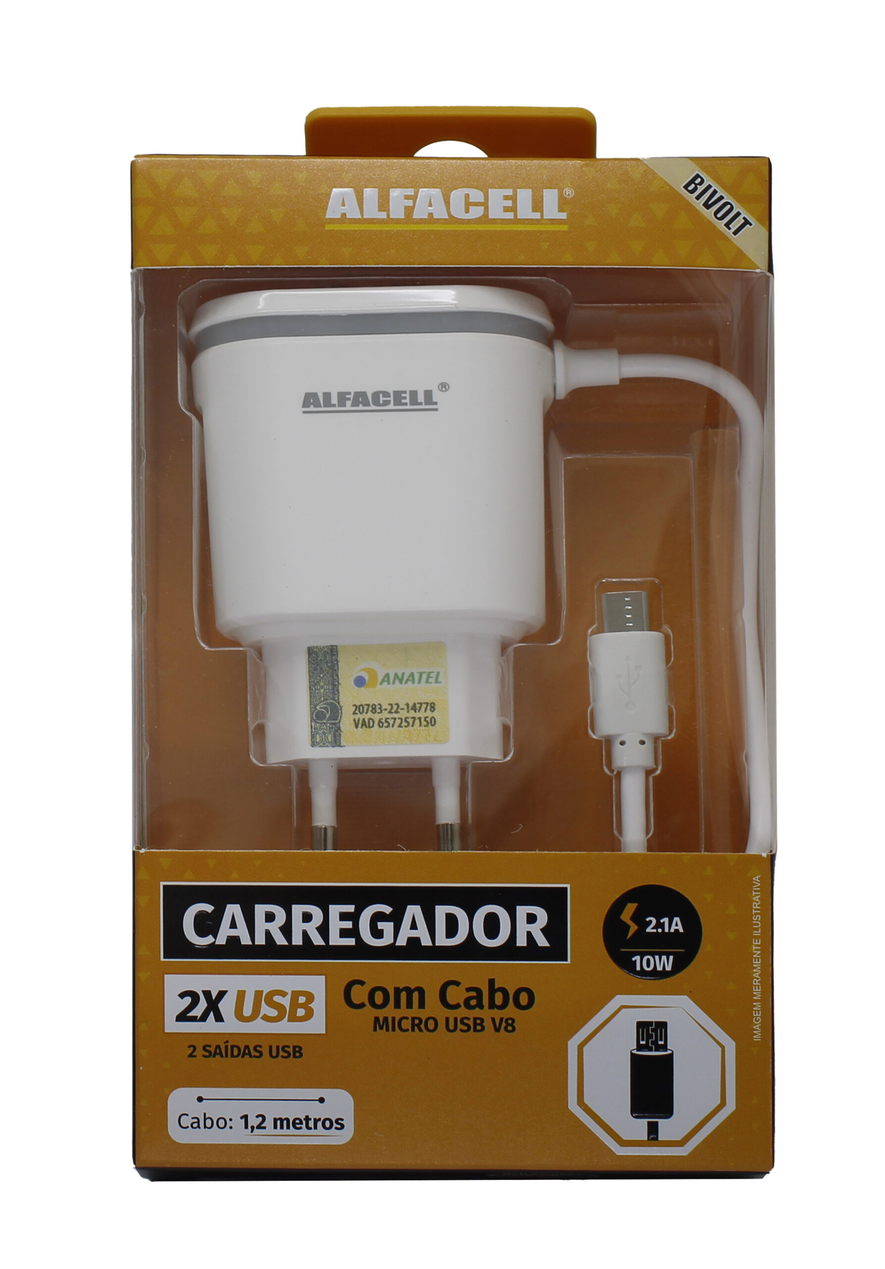CARREGADOR COM CABO USB – V8; TENSÃO DE ENTRADA: 100-240V; FREQUÊNCIA: 50/60HZ