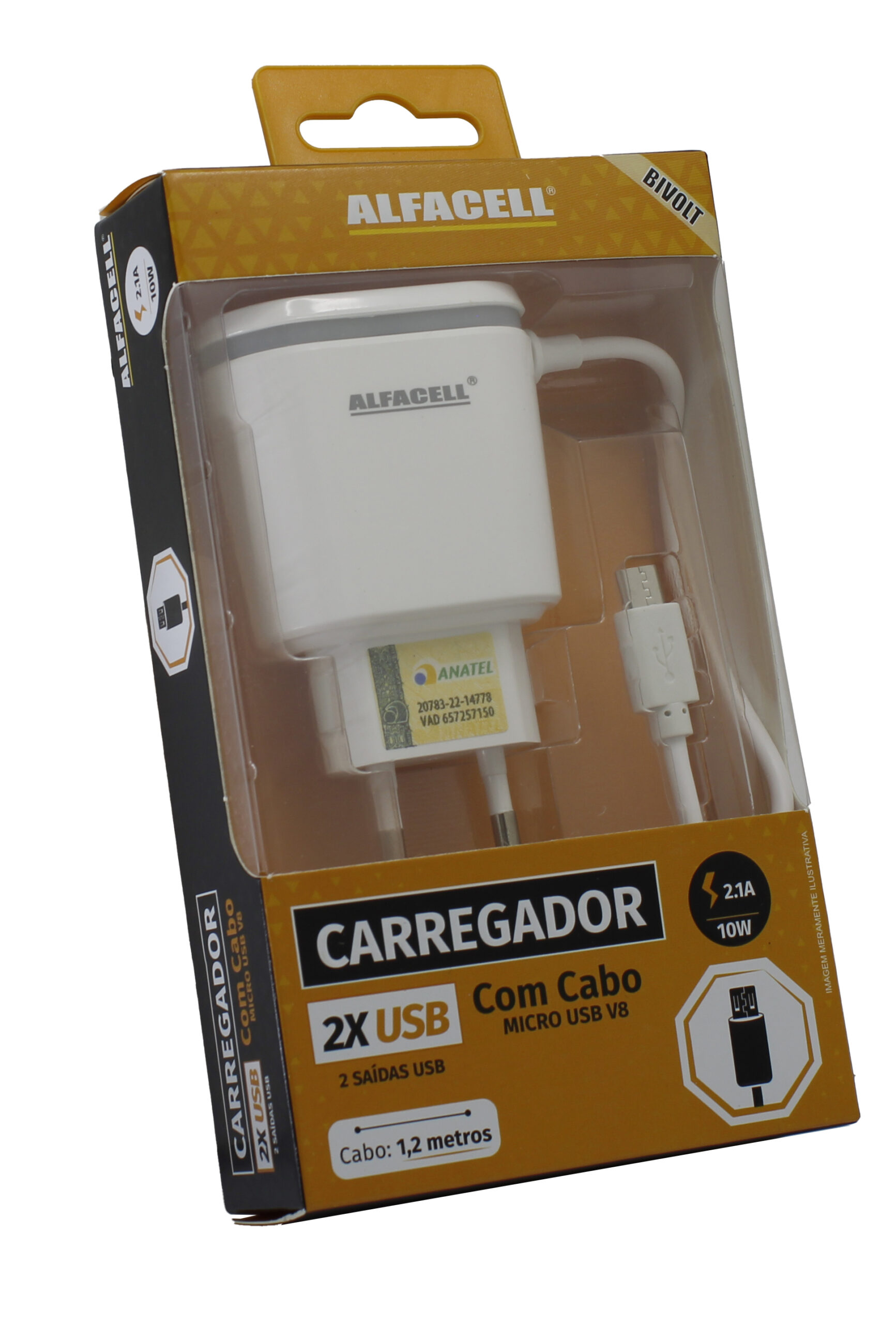CARREGADOR COM CABO USB – V8; TENSÃO DE ENTRADA: 100-240V; FREQUÊNCIA: 50/60HZ
