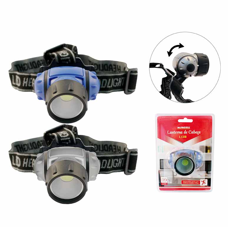 LANTERNA COM SUPORTE PARA CABEÇA COM 1 COB A PILHA 3*AAA (NÃO INCLUSA) (2 NÍVEIS DE LUZ + 1 PISCA)