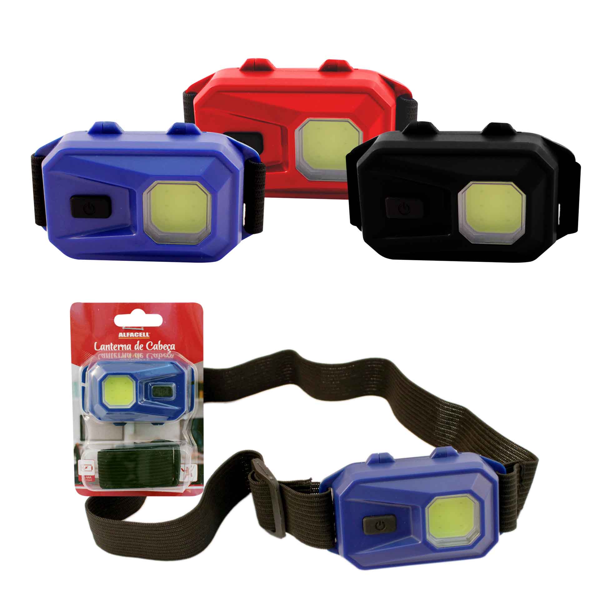 LANTERNA COM SUPORTE PARA CABEÇA COM 1 COB A PILHA 3*AAA (NÃO INCLUSA) (2 NÍVEIS DE LUZ + 1 PISCA)