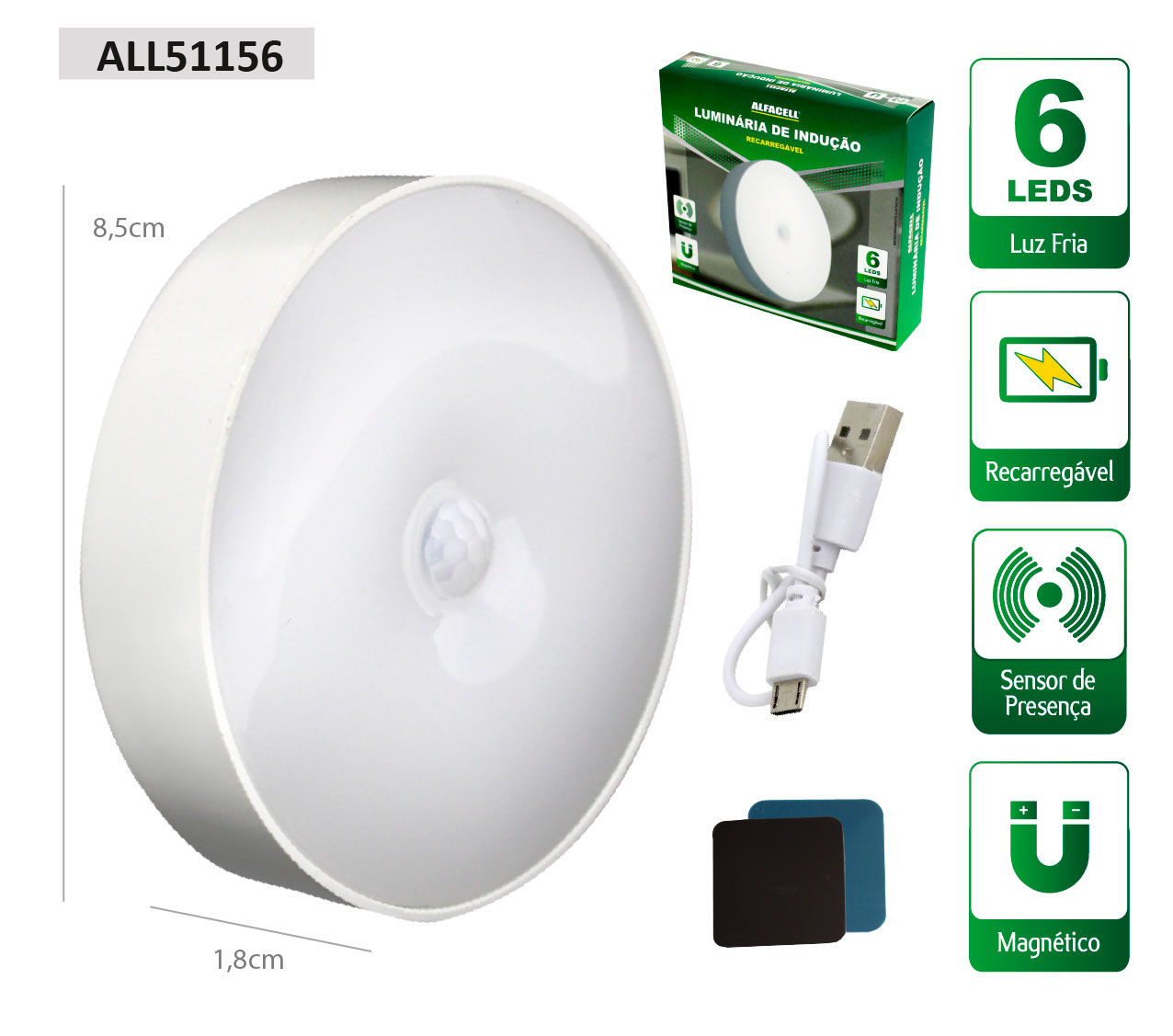 LUMINÁRA RECARREGÁVEL COM SENSOR DE PRESENÇA 6 LEDS E CABO USB