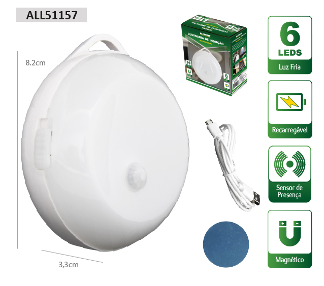 LUMINÁRA RECARREGÁVEL COM SENSOR DE PRESENÇA 6 LEDS E CABO USB