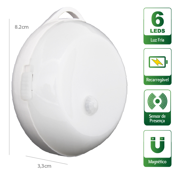 LUMINÁRA RECARREGÁVEL COM SENSOR DE PRESENÇA 6 LEDS E CABO USB
