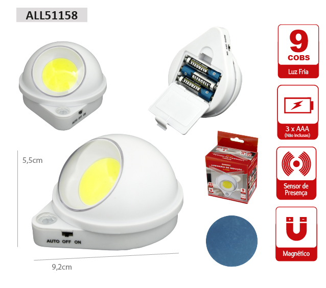 LUMINÁRA COM SENSOR DE PRESENÇA 9 COBS, A PILHA 3*AAA (NÃO INCLUSAS)
