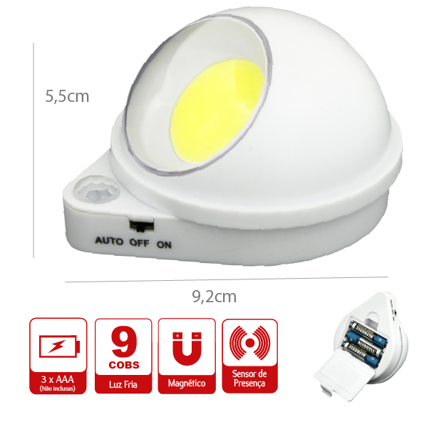 LUMINÁRA COM SENSOR DE PRESENÇA 9 COBS, A PILHA 3*AAA (NÃO INCLUSAS)