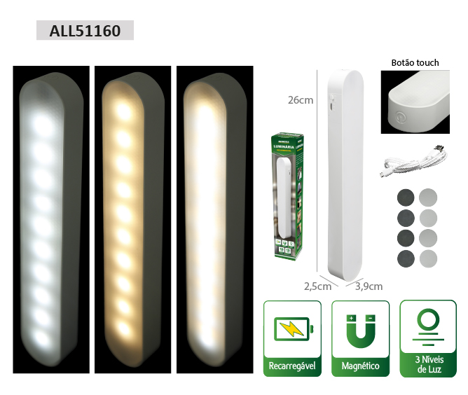 LUMINÁRIA (RECARREGÁVEL) COM CABO USB 10 LEDS BRANCO + 10 LEDS AMARELO (AJUSTE DE INTENSIDADE)