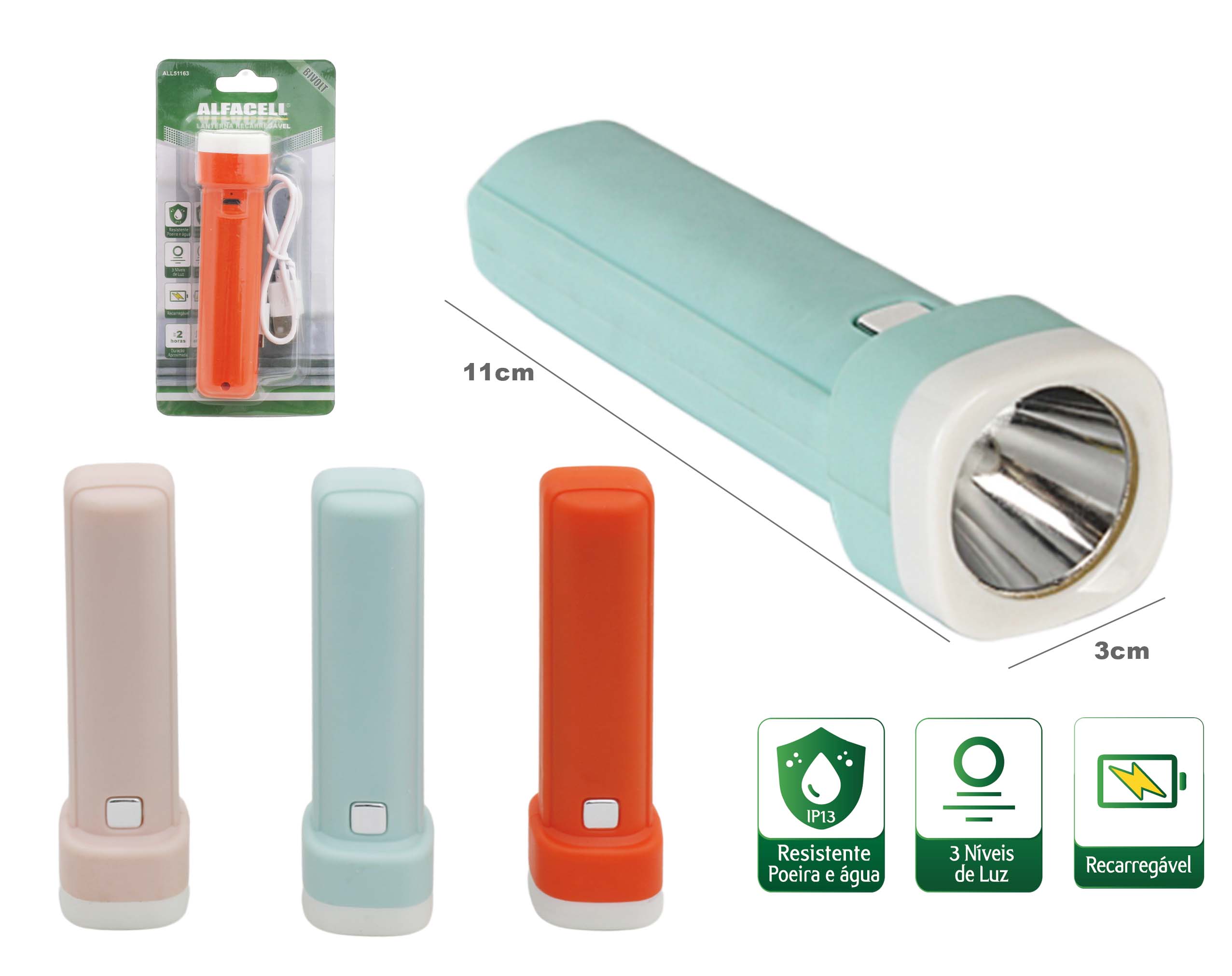 LANTERNA RECARREGÁVEL 1W COM CABO USB (INCLUSO) – (3 NÍVEIS DE LUZ)