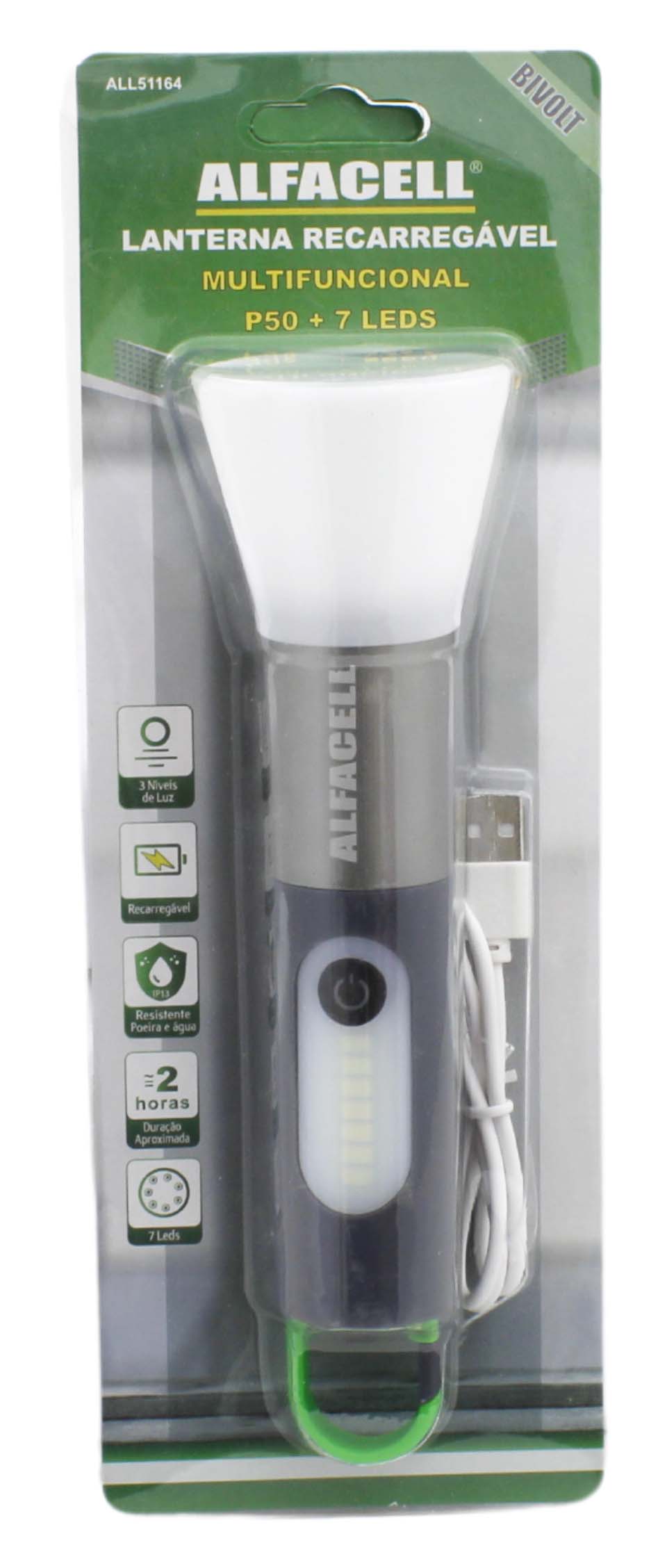 LANTERNA RECARREGÁVEL (2 FONTES DE LUZ) 1 P50 + 7 LEDS 8W COM CABO USB (INCLUSO) (P50: 2 NÍVEIS DE LUZ + 1