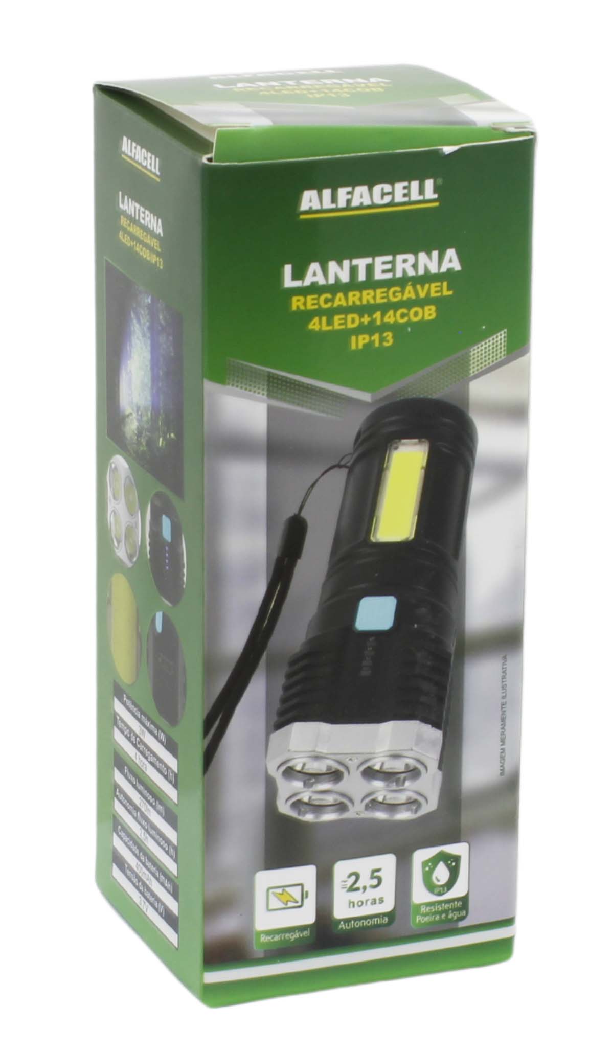 LANTERNA RECARREGÁVEL 4LEDS + 14COB/IP13 3W COM CABO USB (INCLUSO) / (2 FONTES DE LUZ)