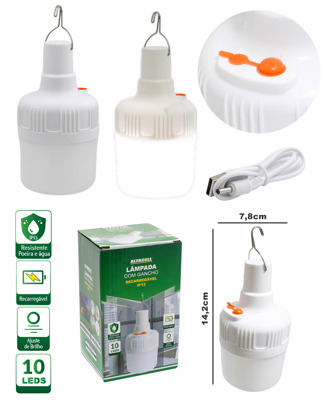LUMINÁRIA/LÂMPADA RECARREGÁVEL 10 LEDS E GANCHO 2W COM CABO USB (INCLUSO)