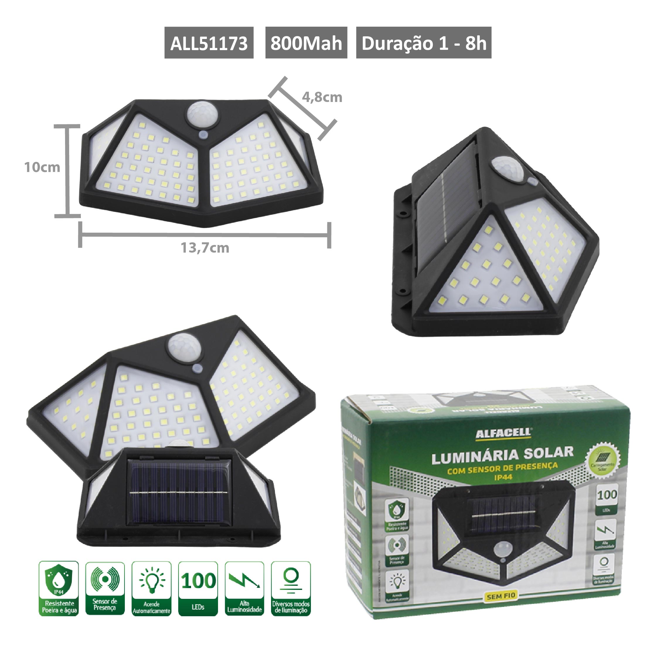 LUMINÁRIA SOLAR 100 LEDS COM SENSOR DE PRESENÇA 20W – 800MAH