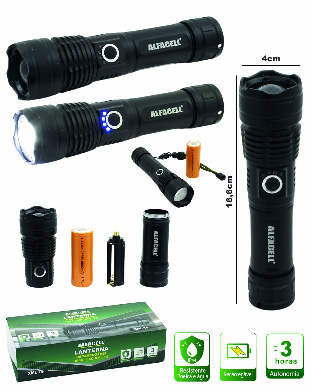 LANTERNA RECARREGÁVEL LED XML T9 10W COM CABO USB (INCLUSO)