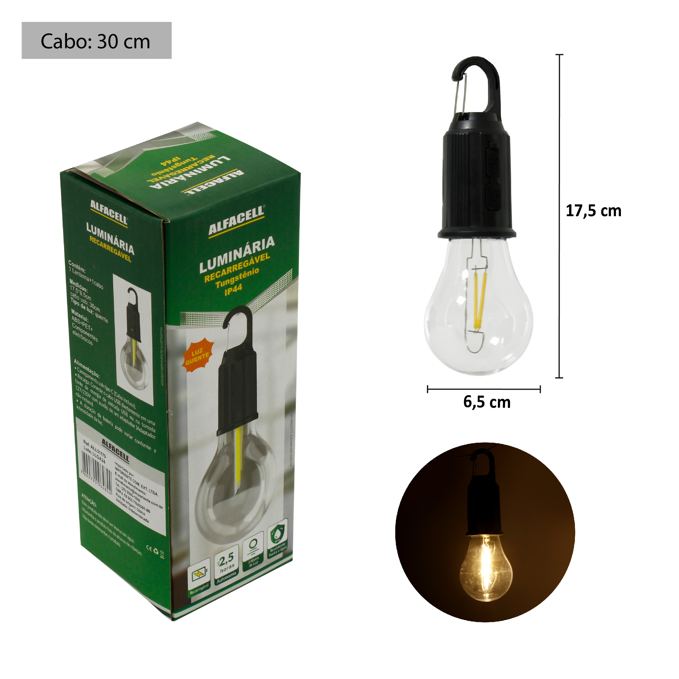 LUMINÁRIA DE TUNGSTÊNIO, RECARREGÁVEL E PORTÁTIL, 3W IP44 CABO USB 30CM (INCLUSO)