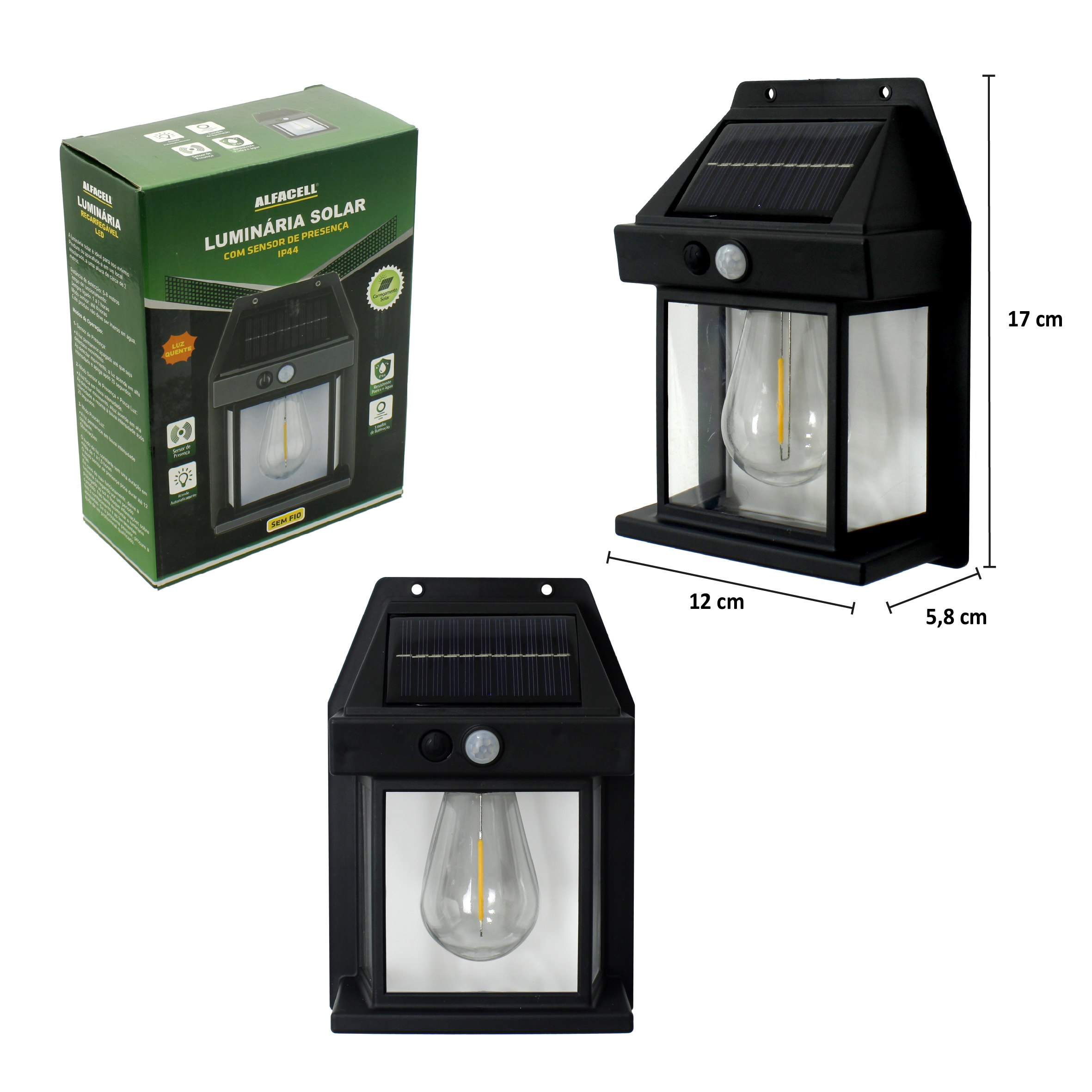 LUMINÁRIA SOLAR DE TUNGSTÊNIO COM SENSOR DE PRESENÇA 3W IP44, ACOMPANHA 2 PARAFUSOS E