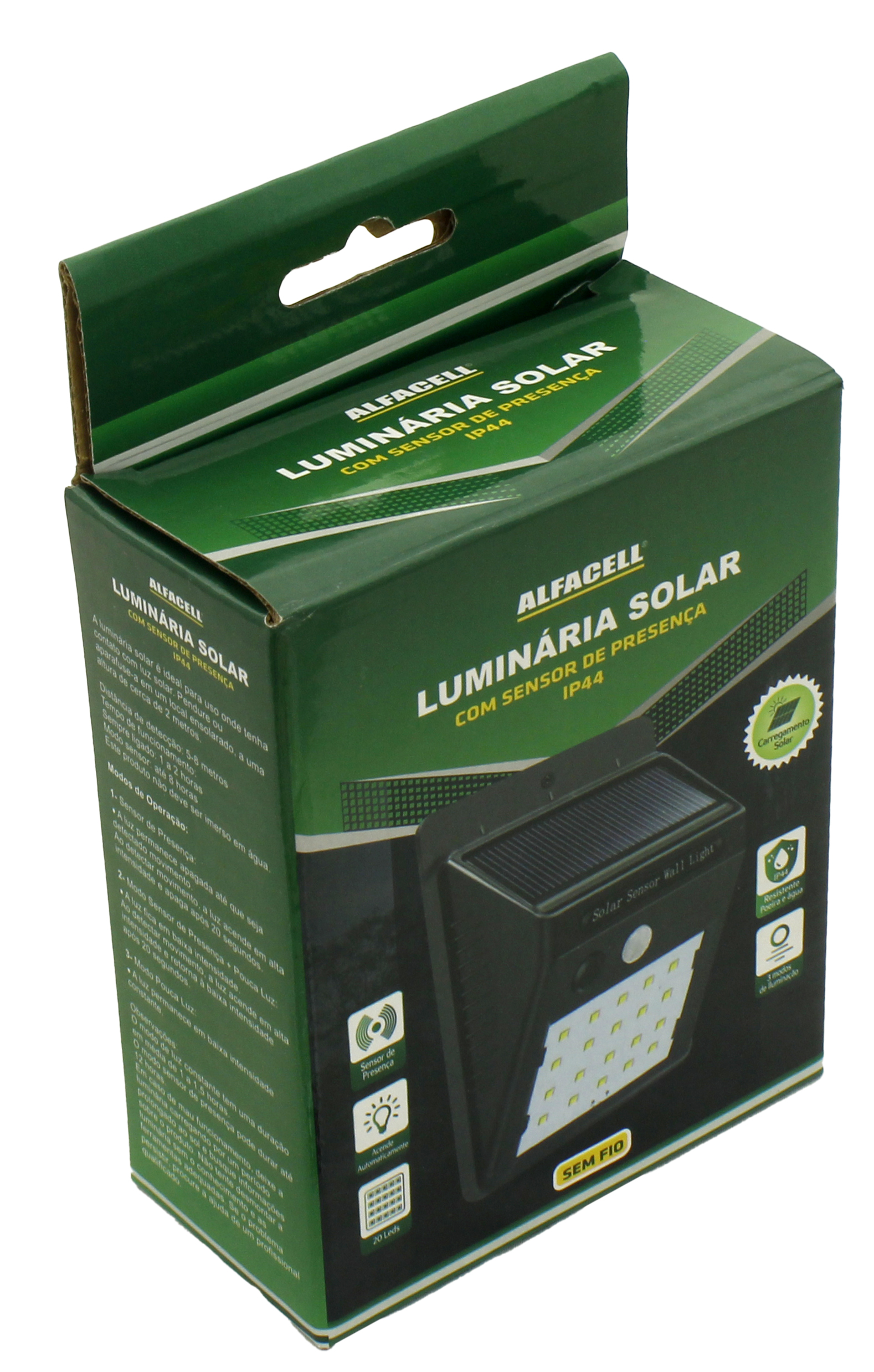 LUMINÁRIA SOLAR COM SENSOR DE PRESENÇA, 20 LEDS 3W IP44,