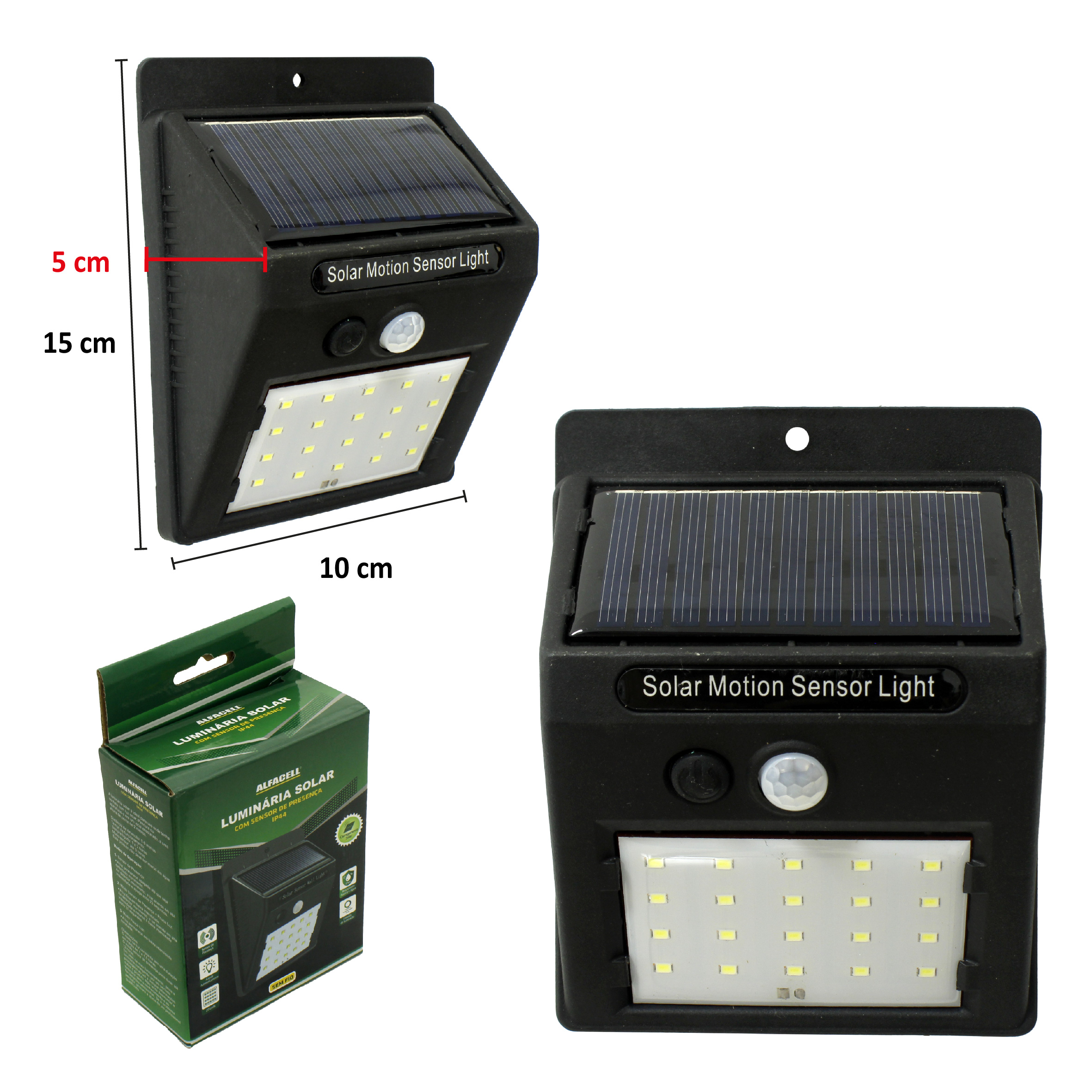 LUMINÁRIA SOLAR COM SENSOR DE PRESENÇA, 20 LEDS 3W IP44,