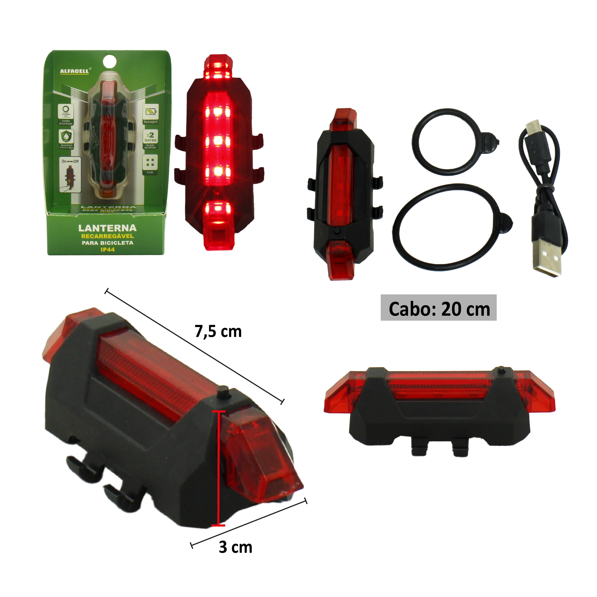 LANTERNA TRASEIRA PARA BICICLETA 4 LEDS 1W IP44 COM CABO USB (INCLUSO)