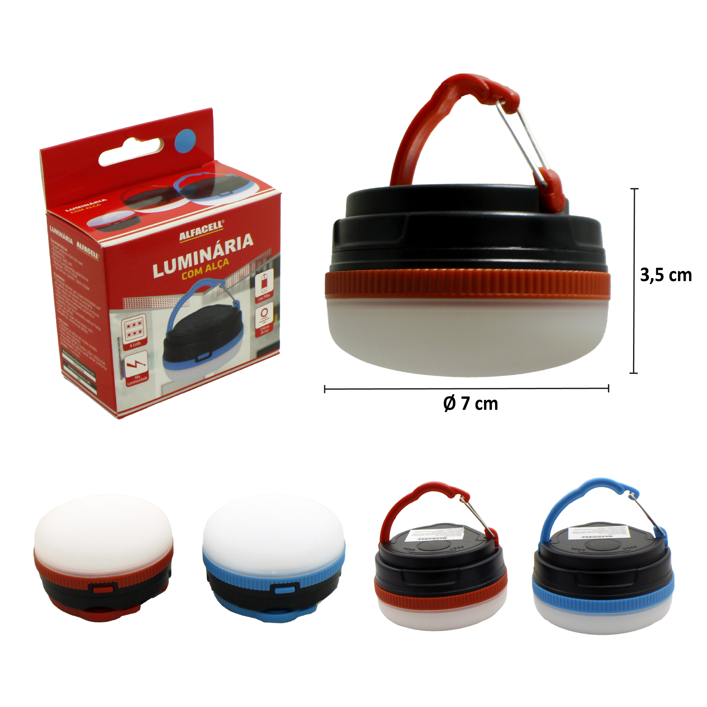LUMINÁRIA COM ALÇA 6 LEDS 3W A PILHA 3*AAA (NÃO INCLUSAS)