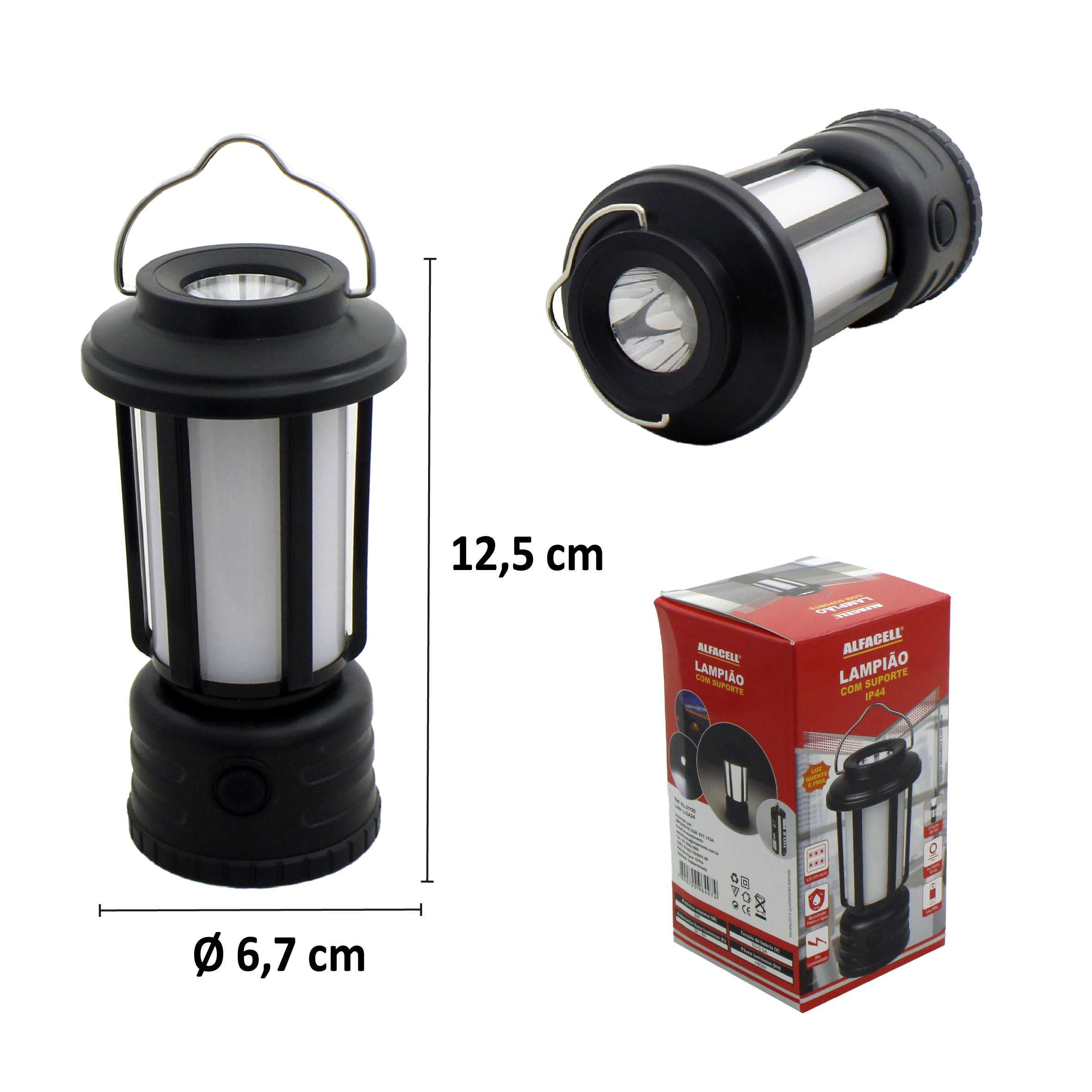 LAMPIÃO COM SUPORTE 1 LED XPE E 8 LEDS 5W IP44 A PILHA 3XAAA (NÃO INCLUSAS)