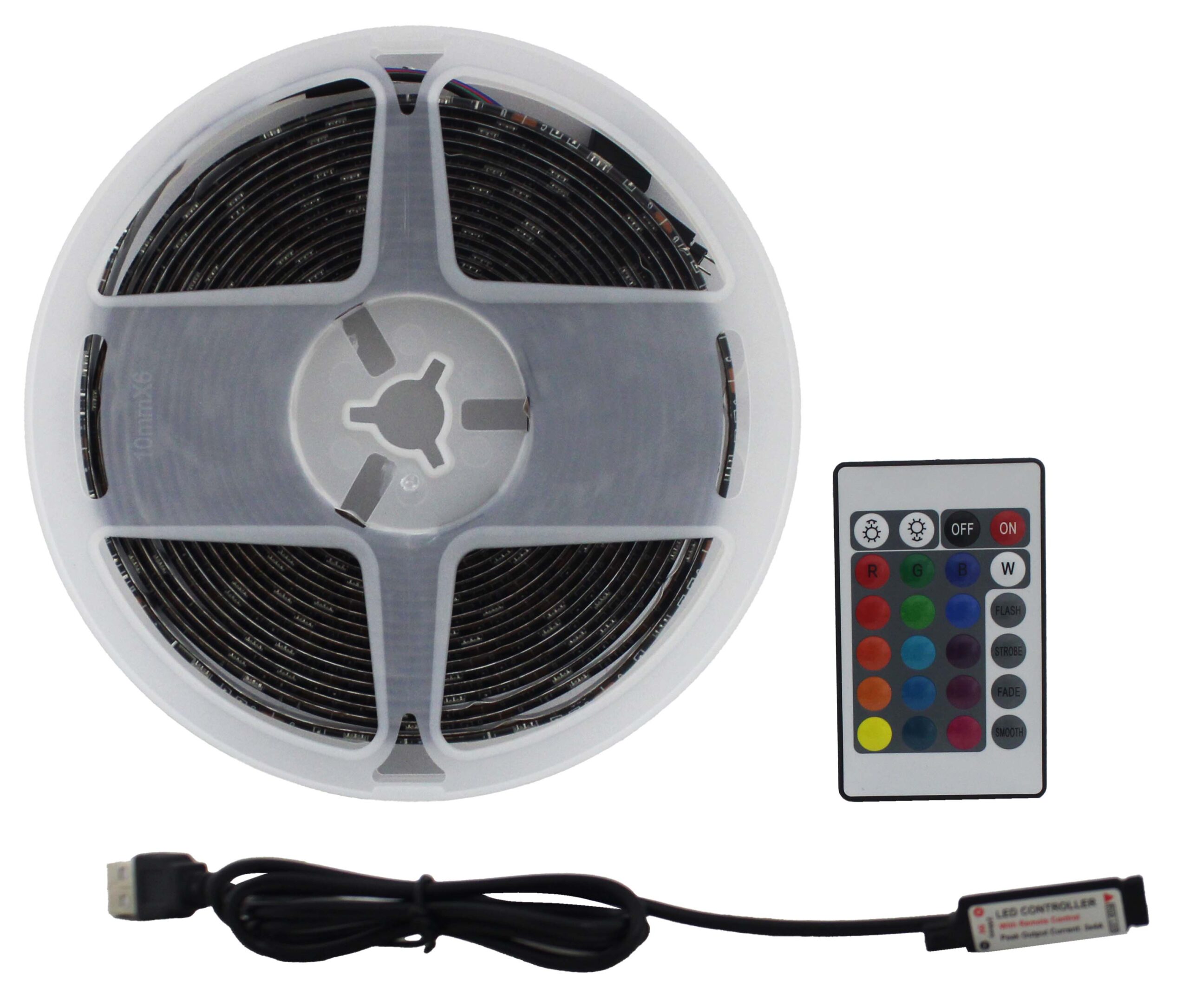 FITA LED RGB 5 METROS COM CONTROLE REMOTO E FITA DUPLA FACE