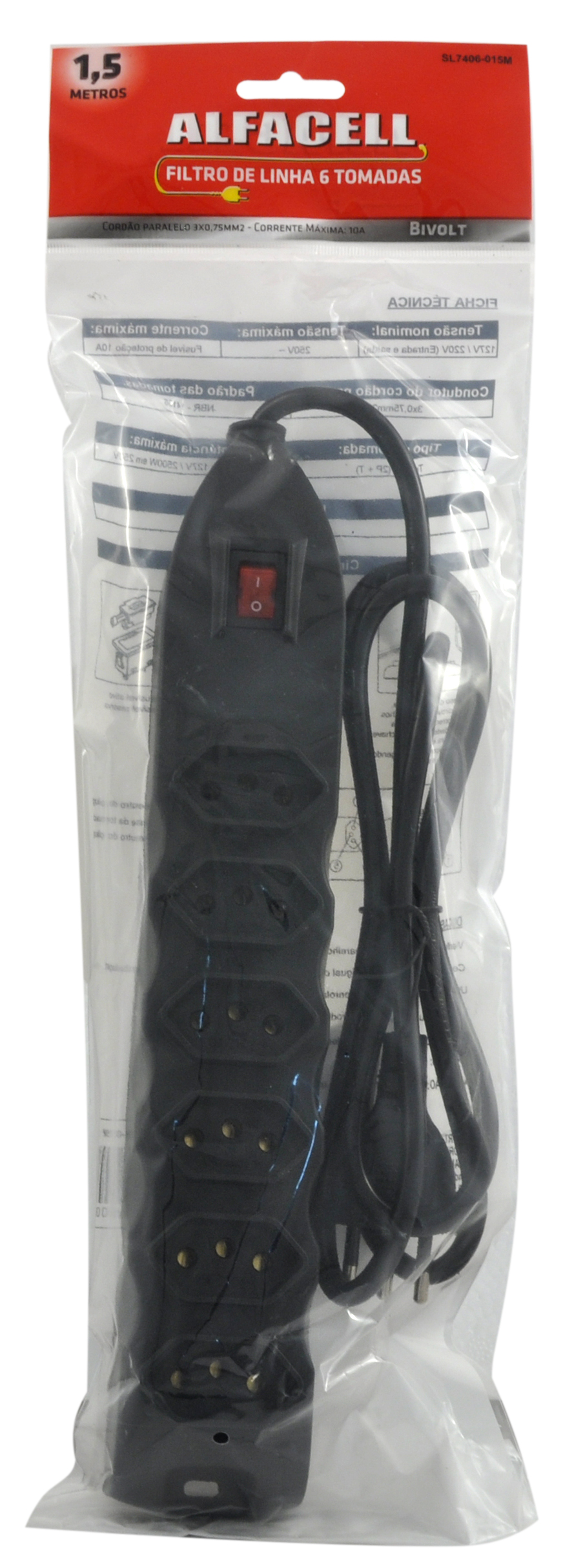 FIILTRO DE LINHA 6 TOMADAS 1.5M 3 PLUGS